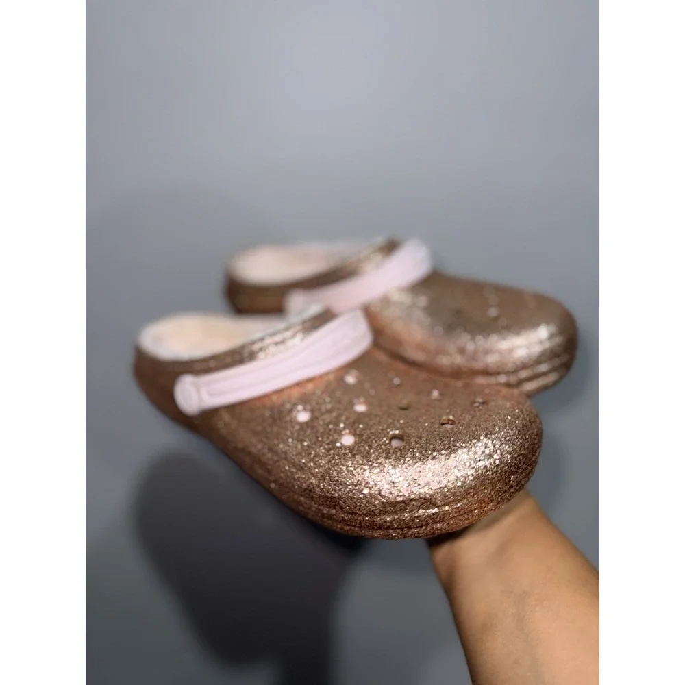 Crocs Classic Pink RoseGold Glitter Girl's J5 Faux Fur Lined Clogs Bling Flash R